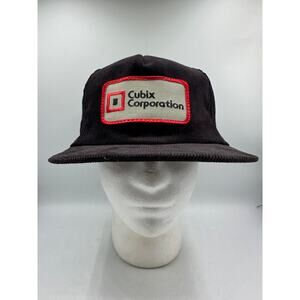 Vtg P Brand Corduroy Hat Snapback Cubix Corporation Black Patch Adjustable USA